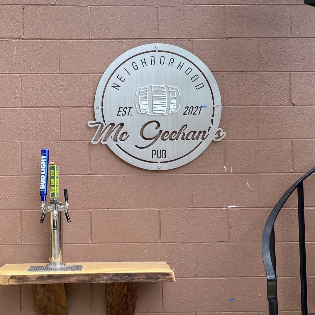 An Outdoor Metal Sign that say Pub with Multiple Layers