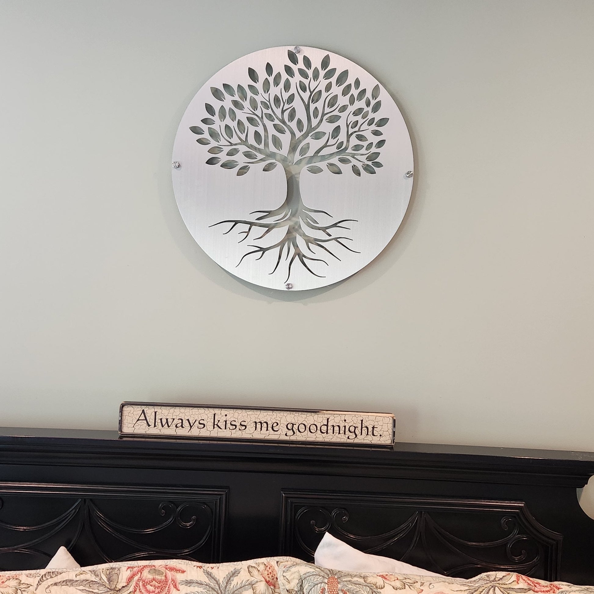 Tree of Life Metal Wall Art Mounted above a bed