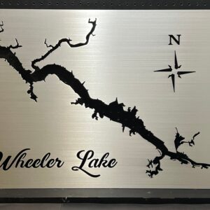 Wheeler Lake custom metal map with compass rose, displayed on a black pegboard.