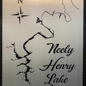 Neely Henry Lake metal map with compass rose on brushed silver, mounted on a black pegboard.