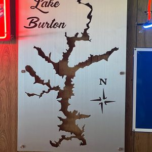 Lake Burton map cutout on brushed metal with decorative script and compass rose.