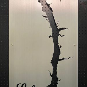 Custom metal sign of Lake Blackshear silhouette with compass rose on a perforated background.