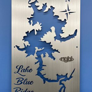 Lake Blue Ridge map on custom metal sign with compass rose, featuring brushed finish and "ngbl" logo.