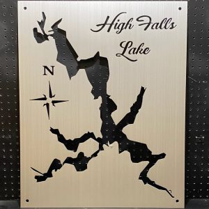 High Falls Lake metal map with compass design, mounted on a perforated black background.