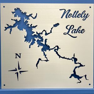 Notelly Lake metal map with compass rose, featuring intricate cutout design on a brushed silver background.