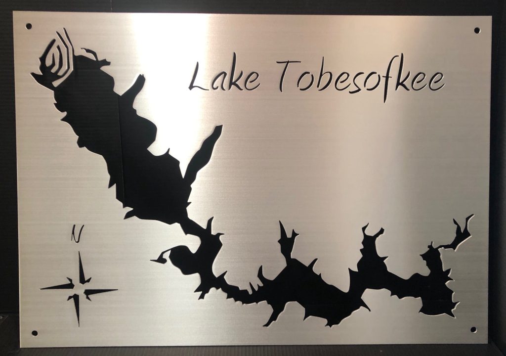 Lake Tobesofkee custom metal map with compass rose, featuring a brushed silver finish.