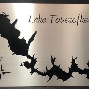 Lake Tobesofkee custom metal map with compass rose, featuring a brushed silver finish.