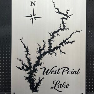 West Point Lake map on custom metal sign with compass rose.