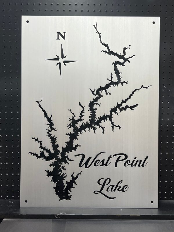 West Point Lake map on custom metal sign with compass rose.