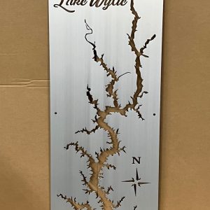 Lake Wylie metal map with detailed cutout design and compass rose on brushed silver, mounted on cardboard.