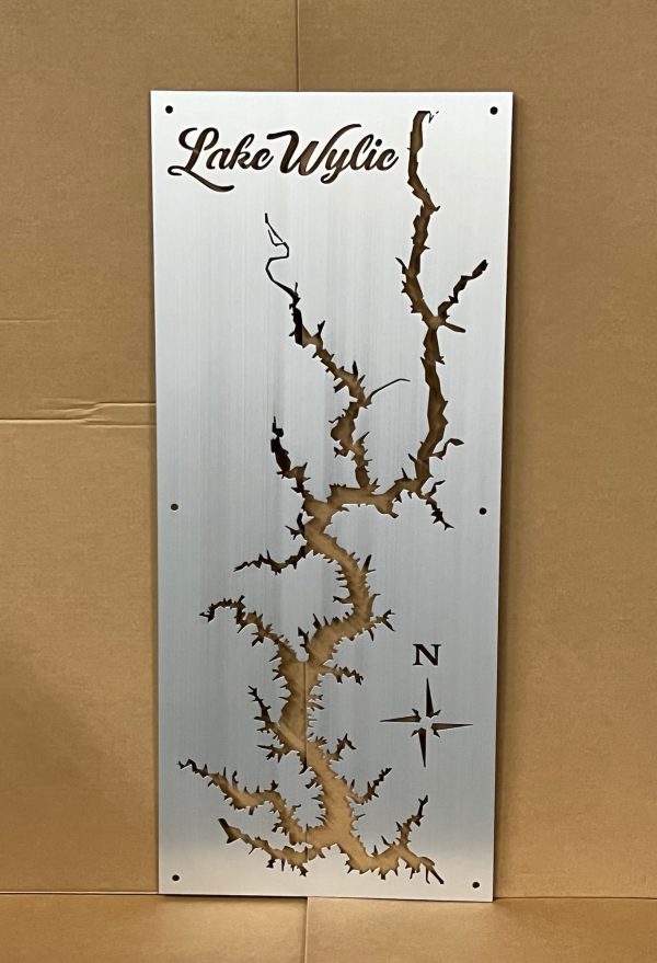 Lake Wylie metal map with detailed cutout design and compass rose on brushed silver, mounted on cardboard.