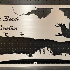 Metal sign featuring a map of Atlantic Beach, North Carolina, with elegant script on a perforated background.