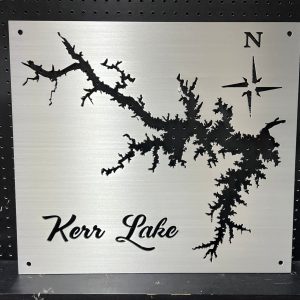 Kerr Lake metal map with compass design on a brushed background, mounted on a perforated black wall.