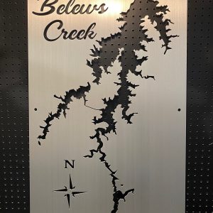 Belews Creek custom lake map on brushed metal with cutout design and compass rose.