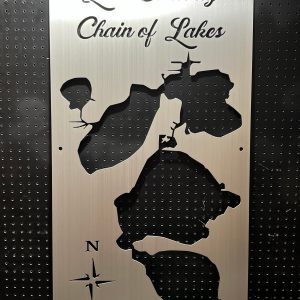 Lake Conway Chain of Lakes custom metal map with compass rose on a perforated background.