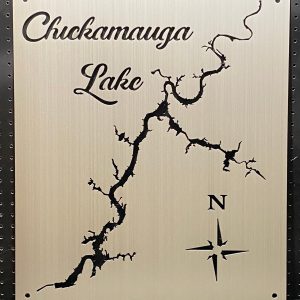 Chickamauga Lake custom metal map with intricate design and compass rose on a brushed background.