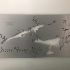 Metal map of Greers Ferry Lake with compass rose, mounted on a wall.