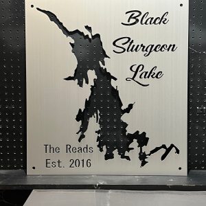 Black Sturgeon Lake custom metal map with "The Reads Est. 2016" inscription on brushed metal background.