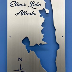 Elinor Lake Alberta Custom Lake Map with compass design on a blue wall.