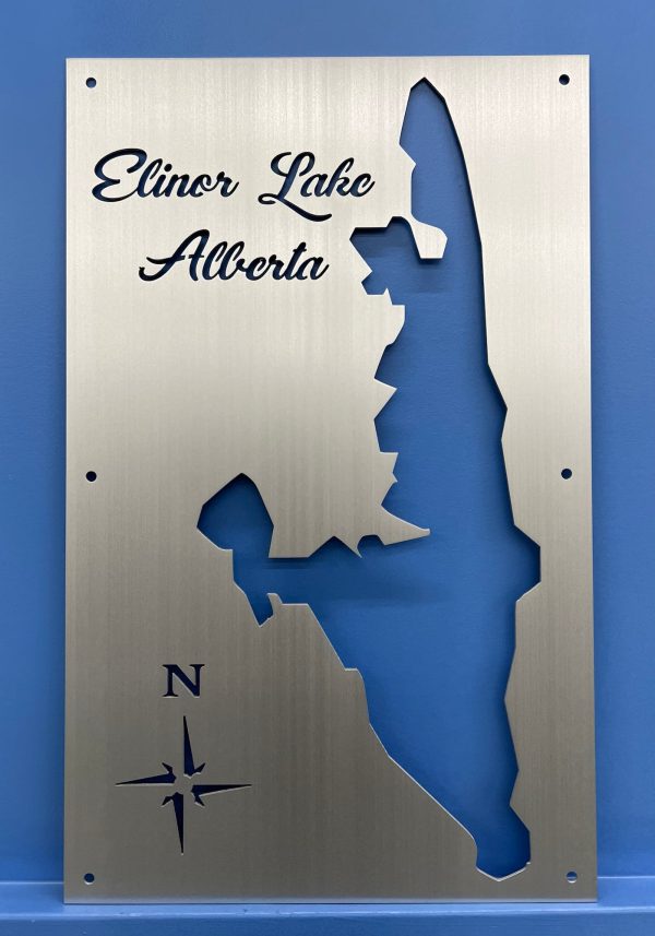 Elinor Lake Alberta Custom Lake Map with compass design on a blue wall.