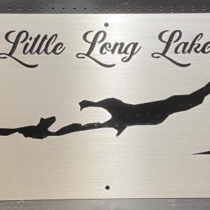 Little Long Lake metal map with compass rose, featuring a brushed silver finish on a black pegboard.