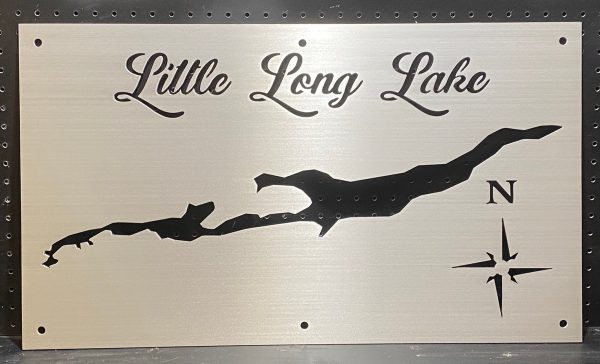 Little Long Lake metal map with compass rose, featuring a brushed silver finish on a black pegboard.