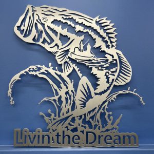 Metal art of a jumping bass with "Livin' the Dream" text, featuring a fisherman in a boat against a blue background.