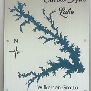 Clarks Hill Lake custom metal map with "Wilkerson Grotto" inscription and compass rose on brushed metal.