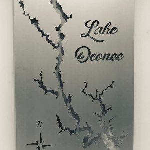 Lake Oconee metal map with cutout detailing and compass rose on a brushed silver background.