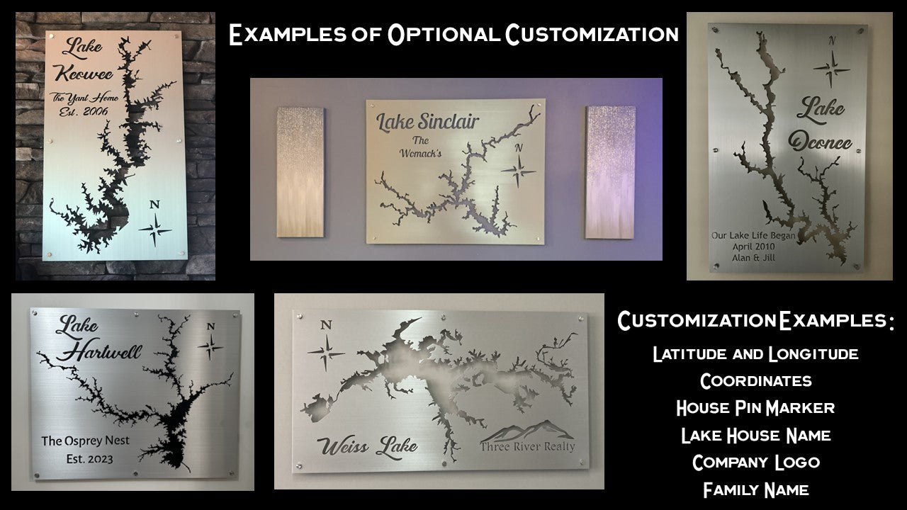 Examples of custom lake maps with names, dates, and logos: Lake Keowee, Lake Sinclair, Lake Oconee, Lake Hartwell, Weiss Lake.