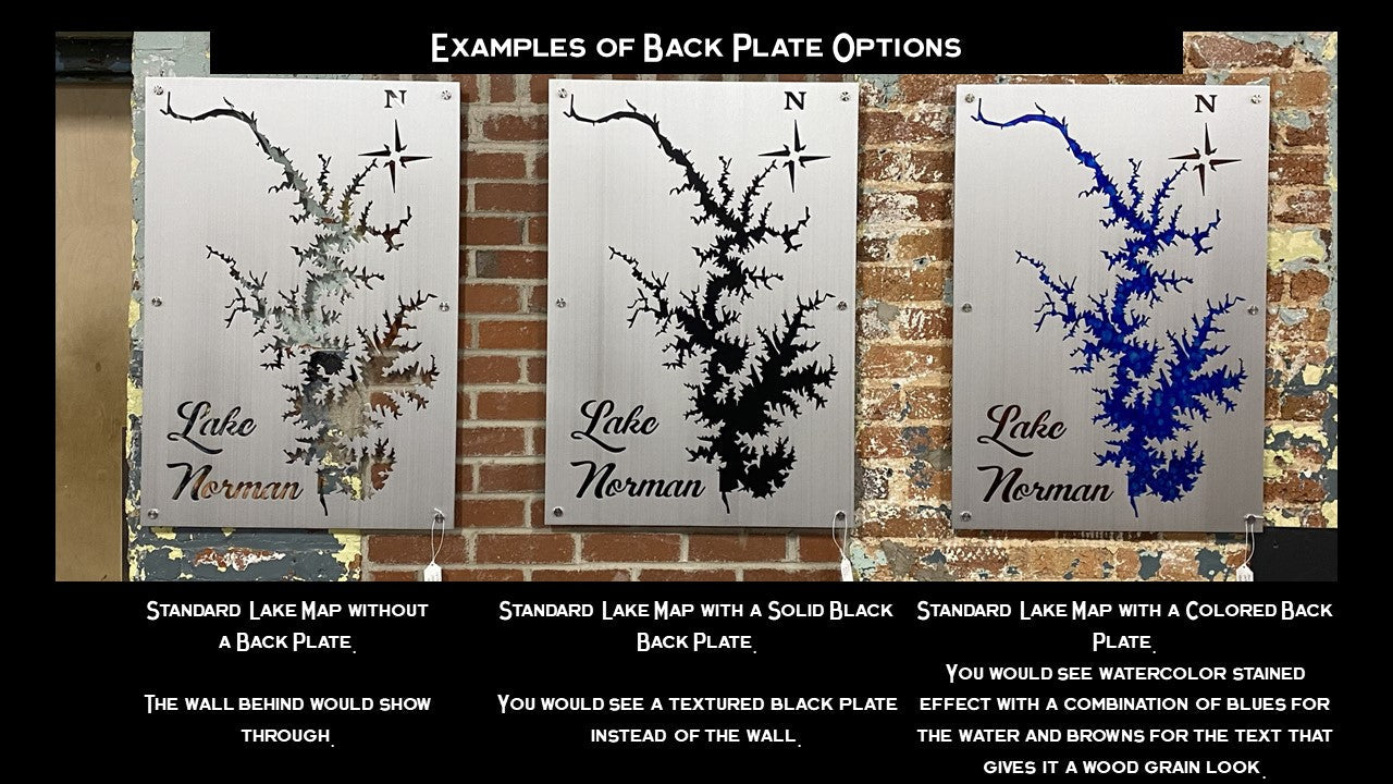 Lake Norman metal maps with back plate options: no plate, solid black, and colored, displayed on brick wall.