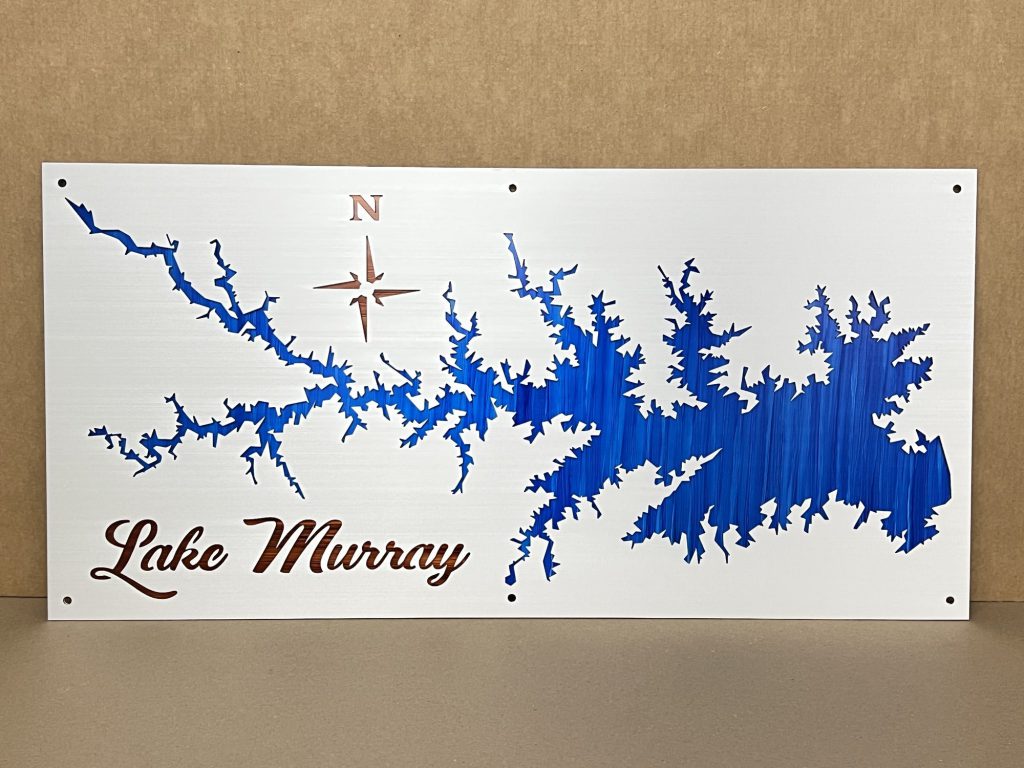 Blue Lake Murray map with compass rose and script text on brushed metal.