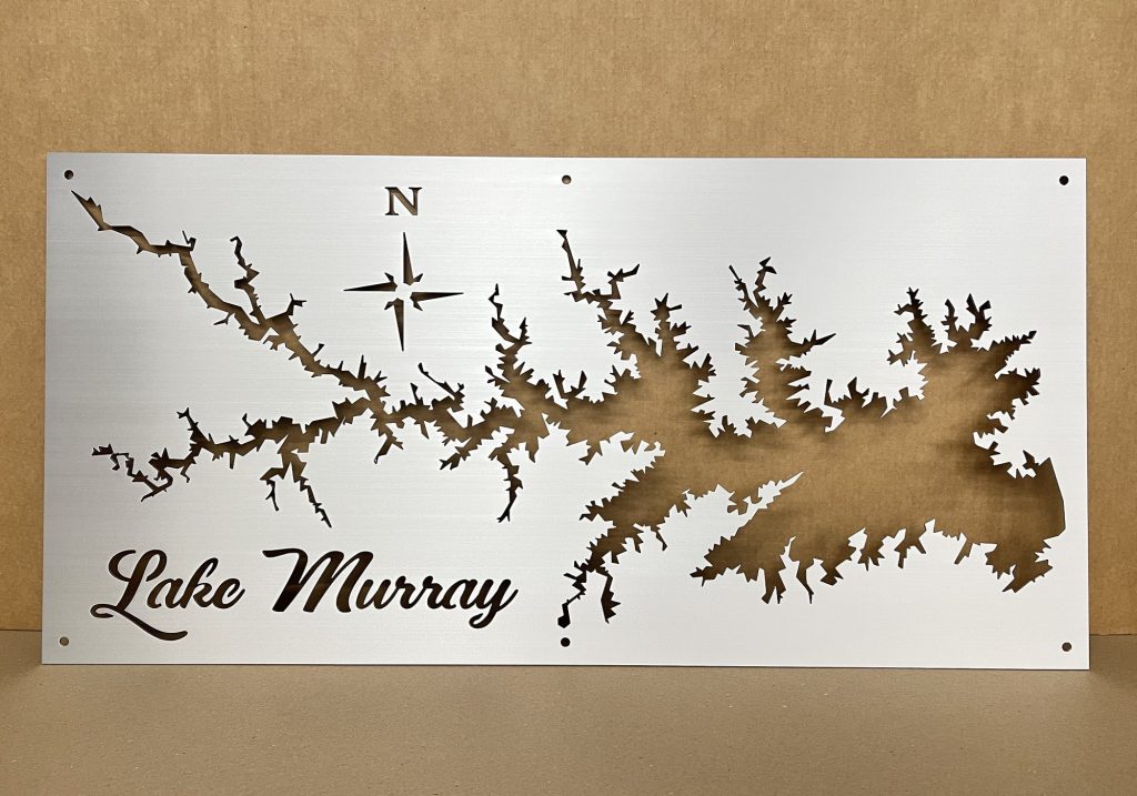 Lake Murray brushed metal map with compass rose and elegant script text.