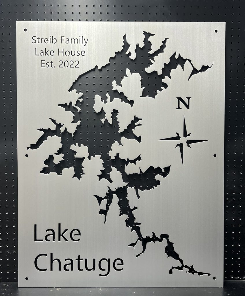 Streib Family Lake House custom metal sign with Lake Chatuge map, compass rose, and "Est. 2022" text.