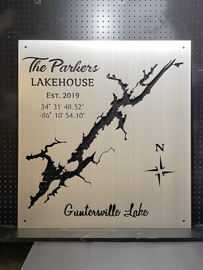 Guntersville Lake map for "The Parkers Lakehouse," Est. 2019, with coordinates, on brushed metallic background.