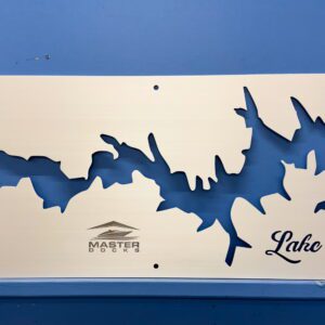 Brushed Aluminum cutout map of Lake Bowen with a compass rose and "Master Docks" logo on a blue background.