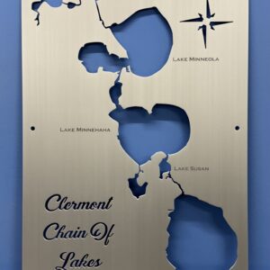 Clermont chain of lakes map on a brushed-metal plaque with labeled cutouts of Cherry, Minneola, Minnehaha, Susan, and Louisa.